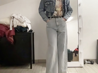 Crossdresser In Wide Leg Flare Palazzo Jeans, Sissy T-Shirt And Crop Jeans Jacket Masturbating For You free video